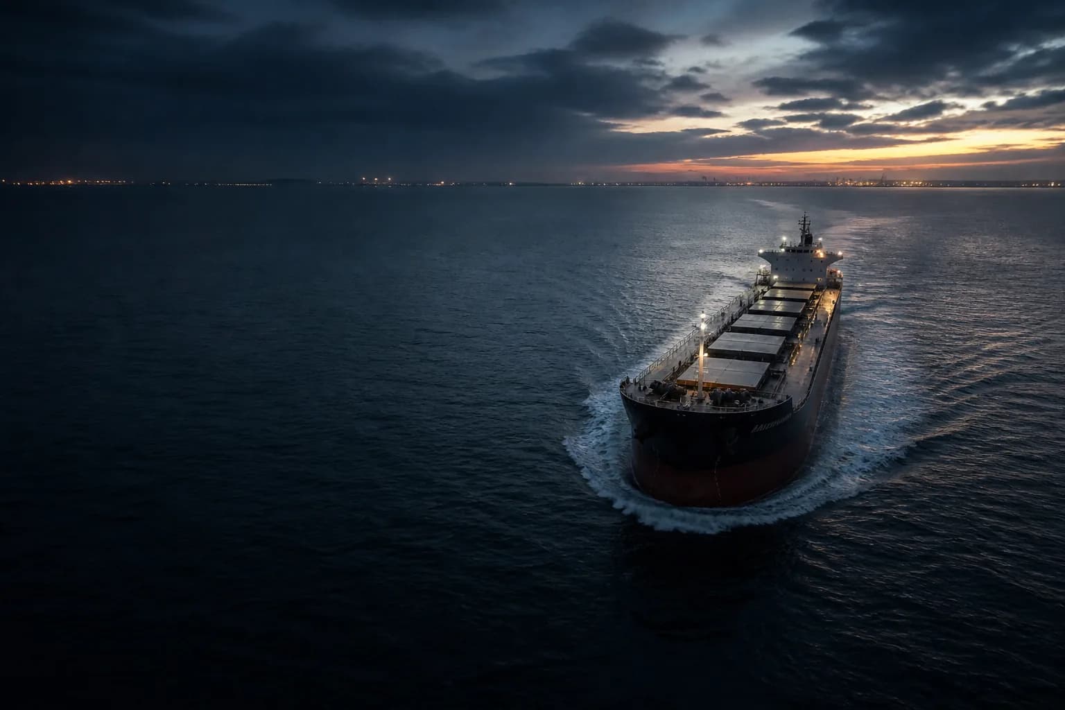 Dry bulk vessel crossing open water at dawn