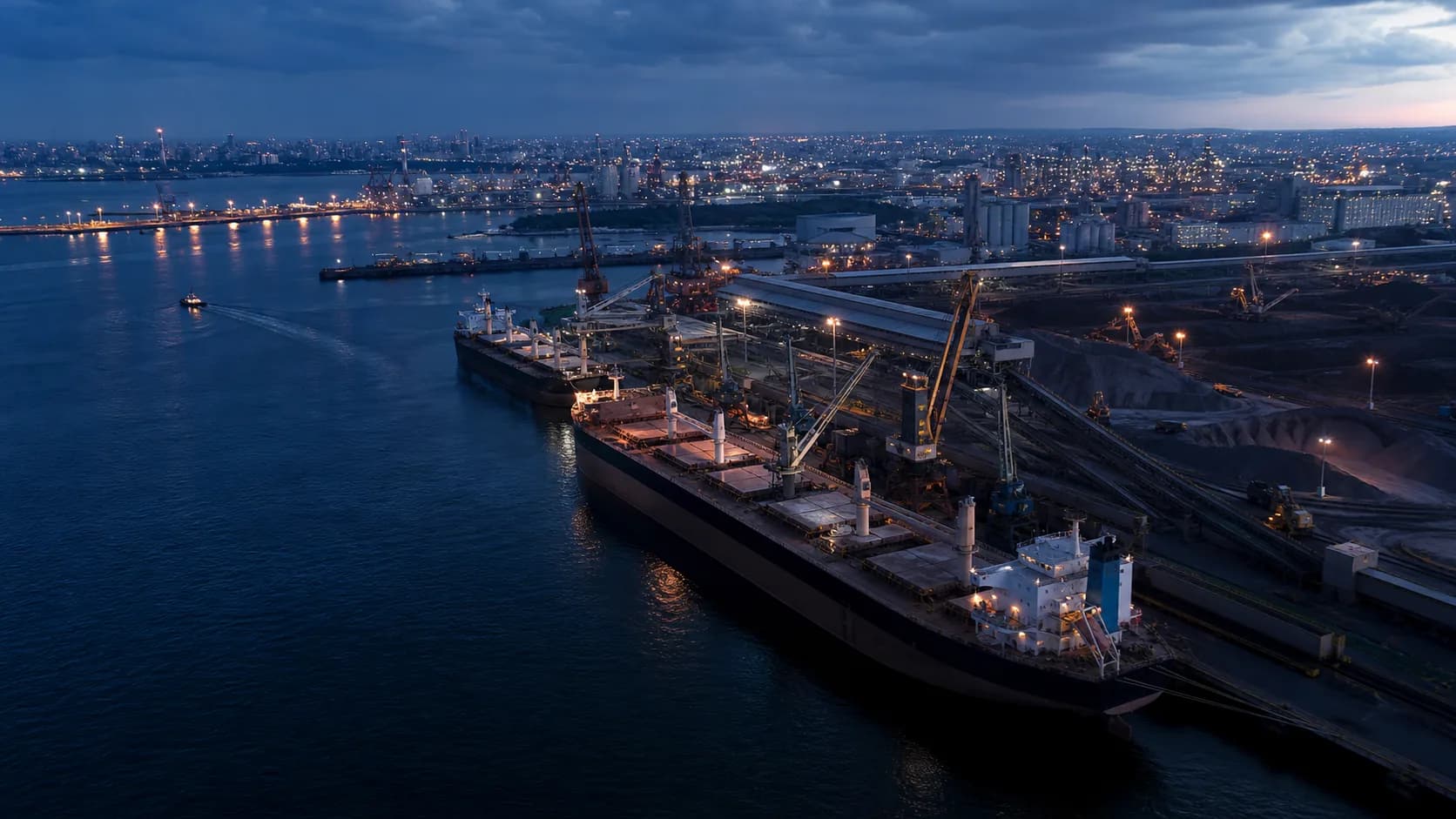 Dry bulk terminal and harbour operations at blue hour